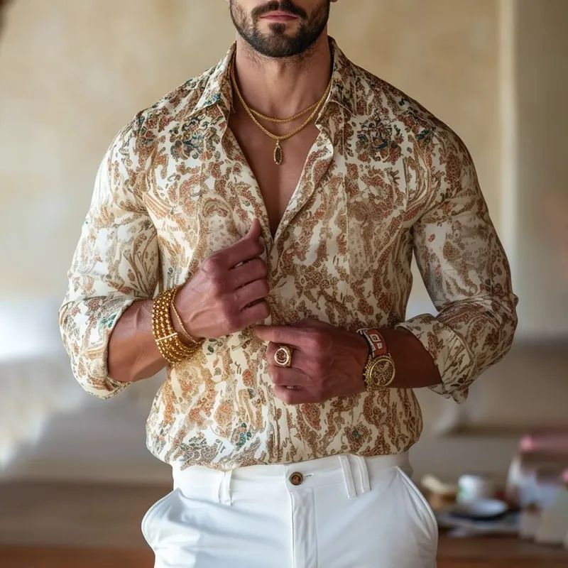 Men's Vintage Print Lapel Long Sleeve Shirt MTA1981F2Z sold by Manly product image thumbnail 2