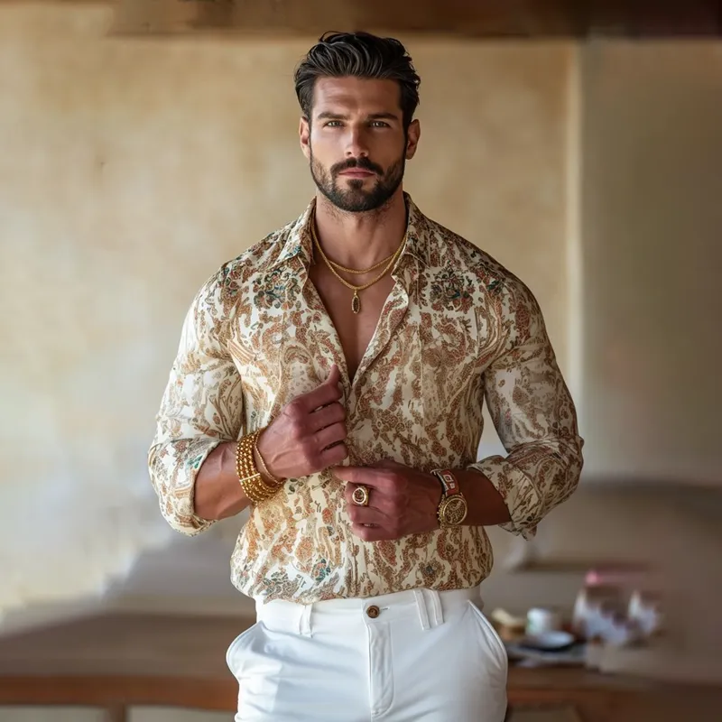 Men's Vintage Print Lapel Long Sleeve Shirt MTA1981F2Z sold by Manly product image thumbnail 3