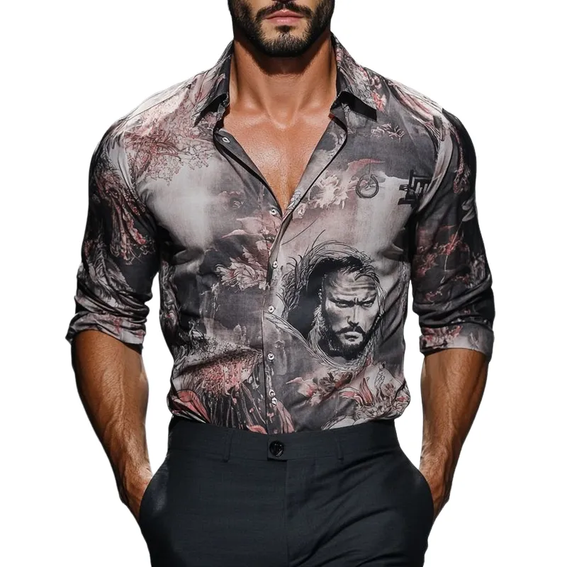 Men's Print Lapel Long Sleeve Shirt MTA1944F4Z sold by Manly
