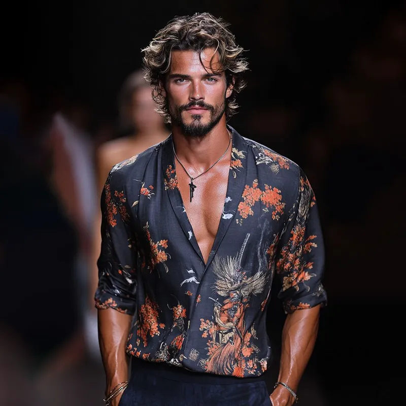 Men's Floral Print Lapel Long Sleeve Shirt MTA1918F8Z sold by Manly product image thumbnail 3