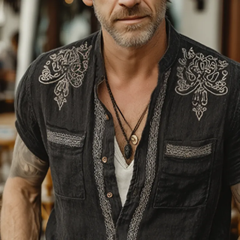 Men's Summer Vintage Silver Embroidered Short Sleeve Shirt MTA1808F5U sold by Manly product image thumbnail 4