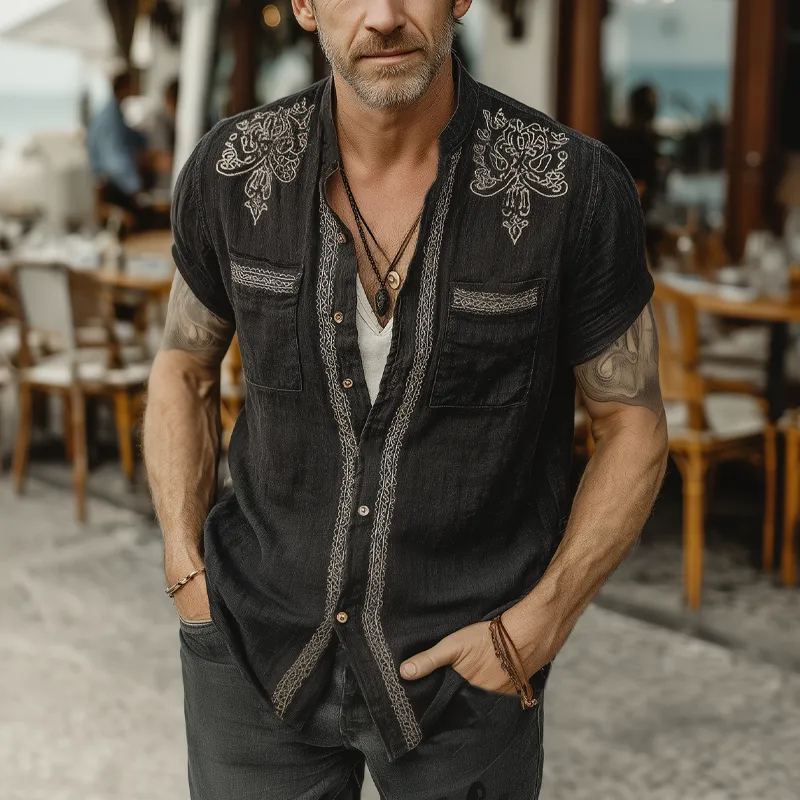 Men's Summer Vintage Silver Embroidered Short Sleeve Shirt MTA1808F5U sold by Manly product image thumbnail 2