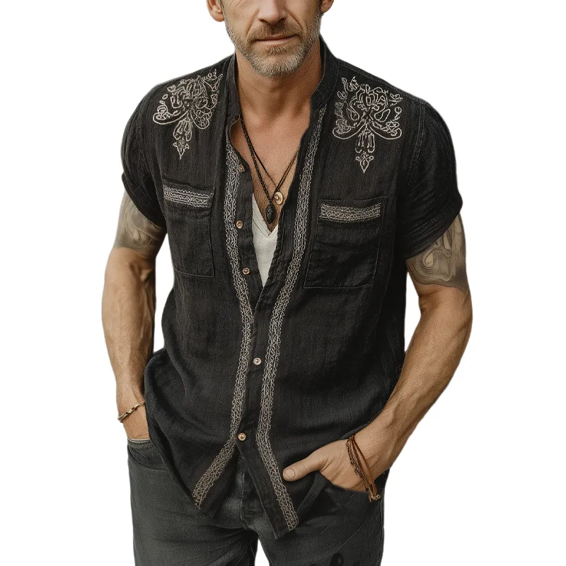 Men's Summer Vintage Silver Embroidered Short Sleeve Shirt MTA1808F5U sold by Manly