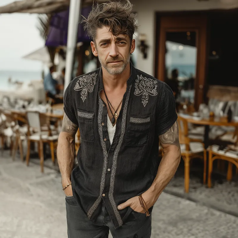 Men's Summer Vintage Silver Embroidered Short Sleeve Shirt MTA1808F5U sold by Manly product image thumbnail 3