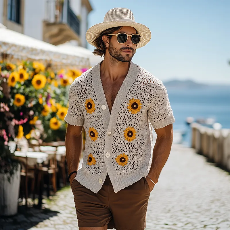 Men's Spring And Summer Fashion Casual Vacation Style Knitted Hollow Flower Short-sleeved Shirt MTA2187F8K sold by Manly product image thumbnail 3