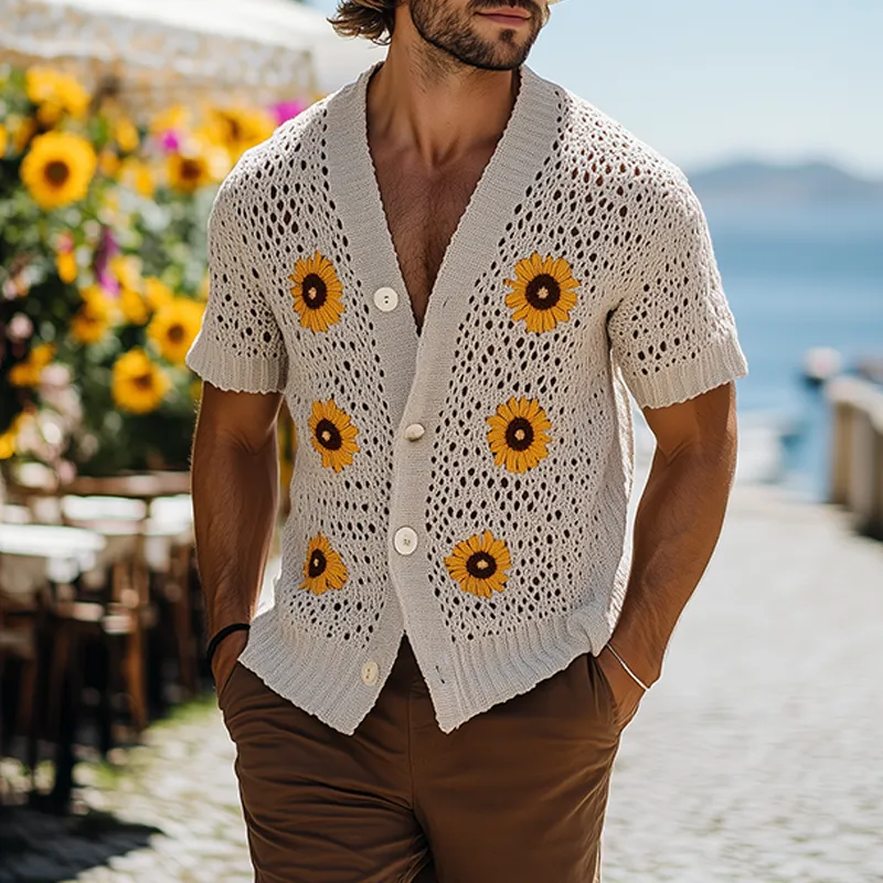 Men's Spring And Summer Fashion Casual Vacation Style Knitted Hollow Flower Short-sleeved Shirt MTA2187F8K sold by Manly product image thumbnail 2