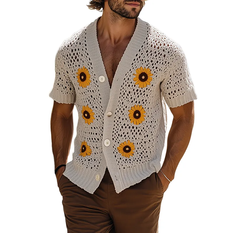 Men's Spring And Summer Fashion Casual Vacation Style Knitted Hollow Flower Short-sleeved Shirt MTA2187F8K sold by Manly