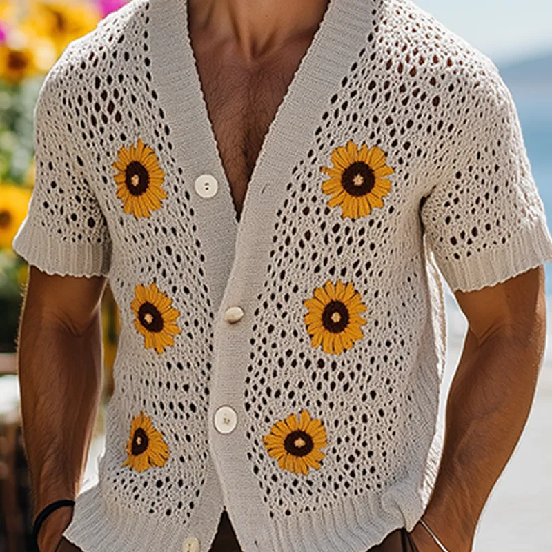 Men's Spring And Summer Fashion Casual Vacation Style Knitted Hollow Flower Short-sleeved Shirt MTA2187F8K sold by Manly product image thumbnail 5
