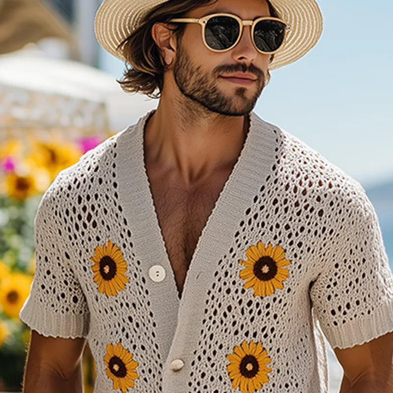Men's Spring And Summer Fashion Casual Vacation Style Knitted Hollow Flower Short-sleeved Shirt MTA2187F8K sold by Manly product image thumbnail 4