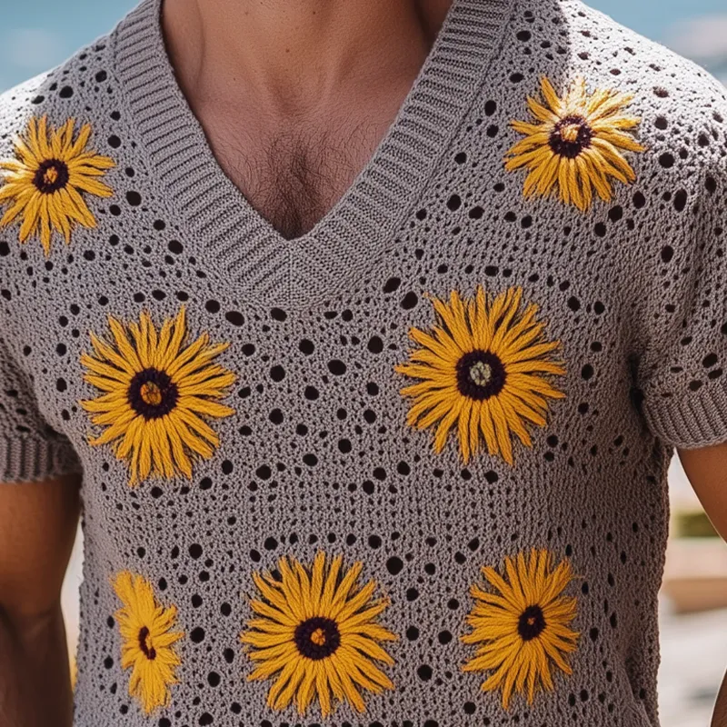 Men's Spring And Summer Fashion Leisure Vacation Style Knitted Hollow Flower V-neck Short-sleeved T-shirt MTA2160F6K sold by Manly product image thumbnail 5