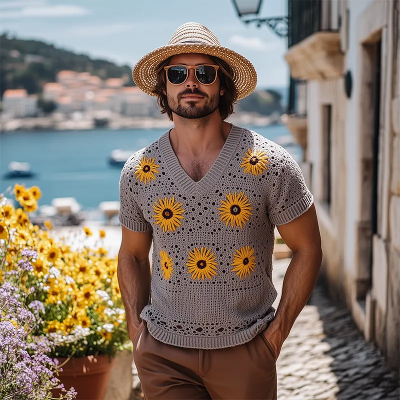 Men's Spring And Summer Fashion Leisure Vacation Style Knitted Hollow Flower V-neck Short-sleeved T-shirt MTA2160F6K sold by Manly product image thumbnail 3
