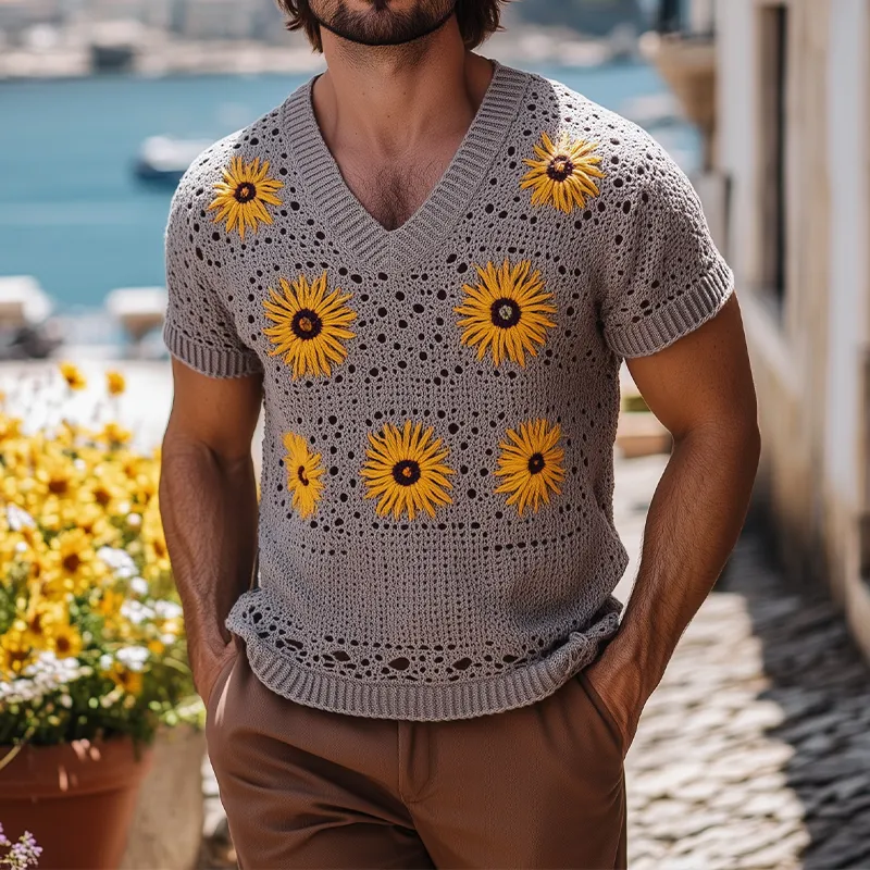 Men's Spring And Summer Fashion Leisure Vacation Style Knitted Hollow Flower V-neck Short-sleeved T-shirt MTA2160F6K sold by Manly product image thumbnail 2