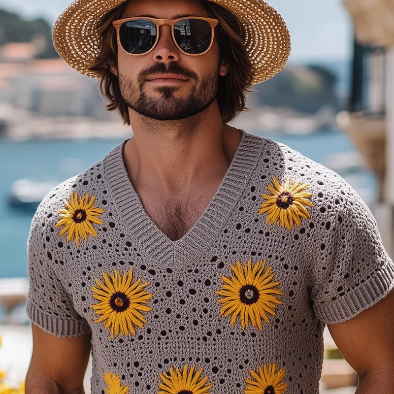 Men's Spring And Summer Fashion Leisure Vacation Style Knitted Hollow Flower V-neck Short-sleeved T-shirt MTA2160F6K sold by Manly product image thumbnail 4
