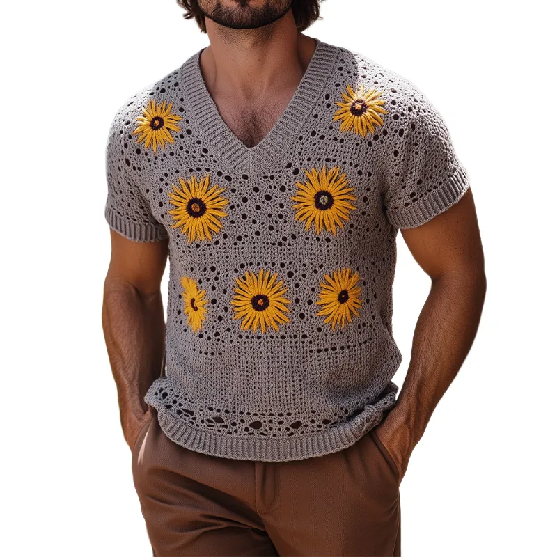 Men's Spring And Summer Fashion Leisure Vacation Style Knitted Hollow Flower V-neck Short-sleeved T-shirt MTA2160F6K sold by Manly