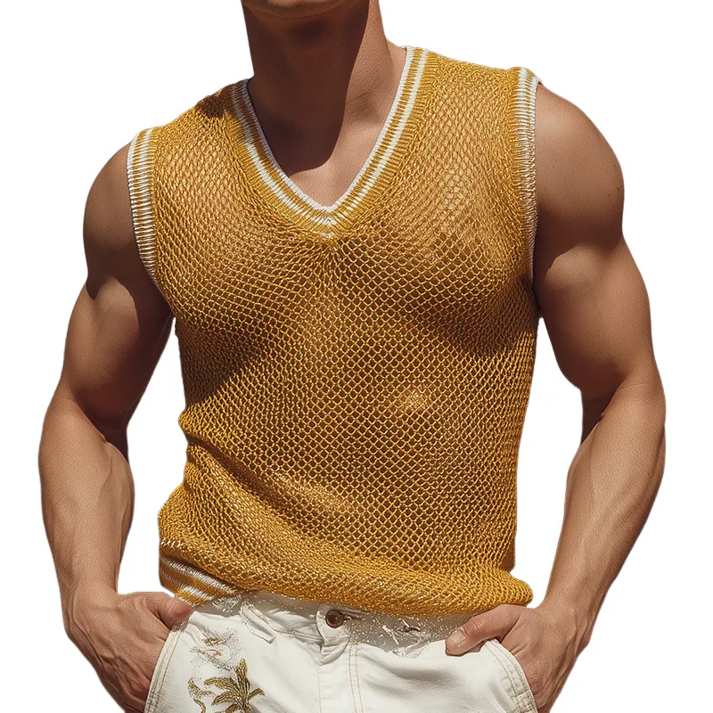 Men's Spring And Summer Fashion Casual Slightly Transparent Sexy V-neck Slim Knitted Tank Top MTA1921F6K sold by Manly