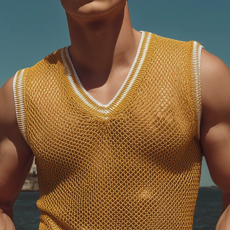 Men's Spring And Summer Fashion Casual Slightly Transparent Sexy V-neck Slim Knitted Tank Top MTA1921F6K sold by Manly product image thumbnail 4