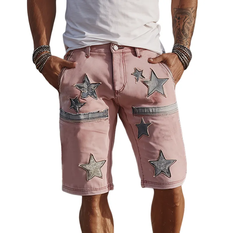 Men's Spring And Summer Fashion Casual Outdoor Washed Denim Patch Pattern Shorts MTA1808F9K sold by Manly