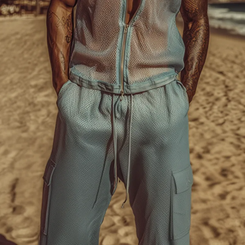 Men's Spring And Summer Fashion Casual Slightly Transparent Sexy Mesh Hooded Vest Multi-Pocket Elastic Waist Pants Set MTA2052F6K sold by Manly product image thumbnail 4