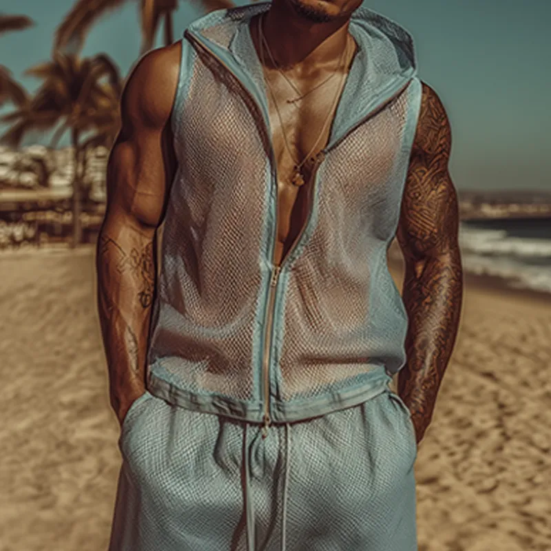 Men's Spring And Summer Fashion Casual Slightly Transparent Sexy Mesh Hooded Vest Multi-Pocket Elastic Waist Pants Set MTA2052F6K sold by Manly product image thumbnail 3