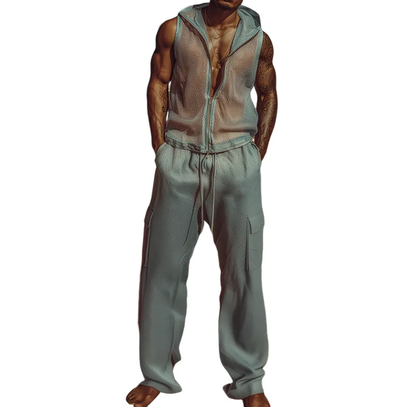 Men's Spring And Summer Fashion Casual Slightly Transparent Sexy Mesh Hooded Vest Multi-Pocket Elastic Waist Pants Set MTA2052F6K sold by Manly