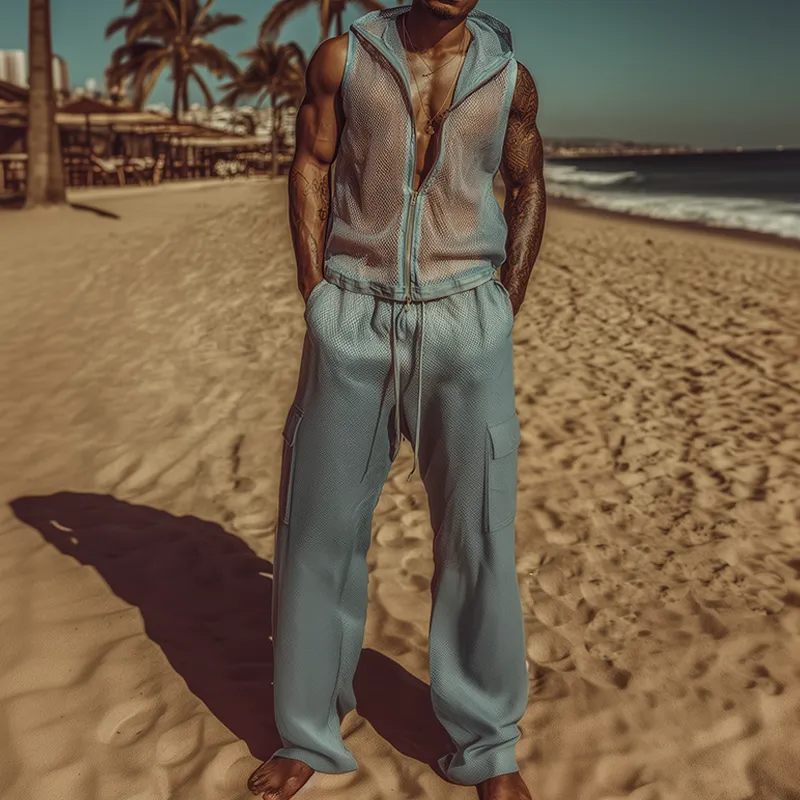 Men's Spring And Summer Fashion Casual Slightly Transparent Sexy Mesh Hooded Vest Multi-Pocket Elastic Waist Pants Set MTA2052F6K sold by Manly product image thumbnail 2