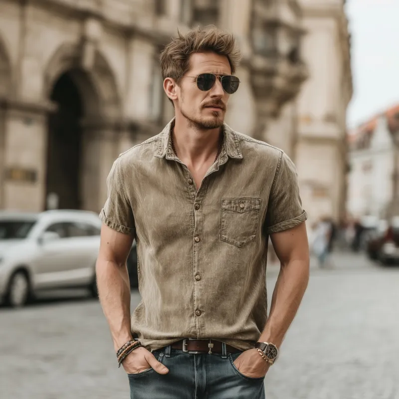 Men's Casual Outdoor Denim Washed Distressed Lapel Patch Pocket Slim Fit Short-sleeved Shirt MTA2111F7M sold by Manly product image thumbnail 3