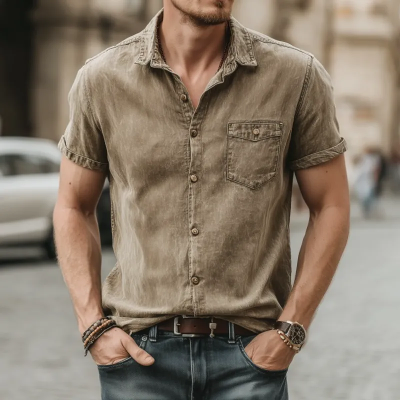 Men's Casual Outdoor Denim Washed Distressed Lapel Patch Pocket Slim Fit Short-sleeved Shirt MTA2111F7M sold by Manly product image thumbnail 2
