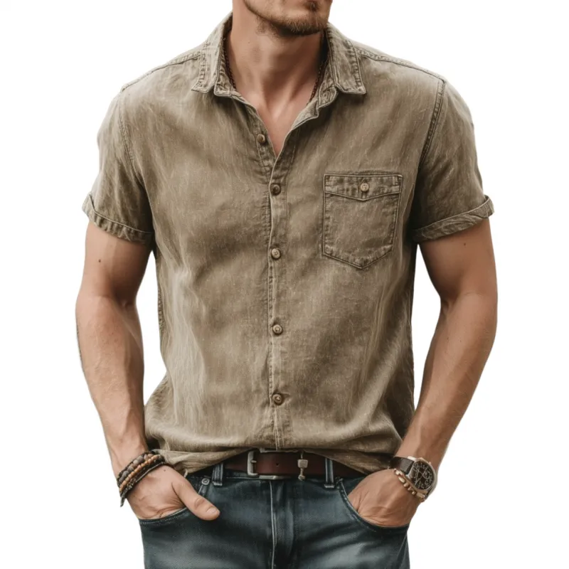 Men's Casual Outdoor Denim Washed Distressed Lapel Patch Pocket Slim Fit Short-sleeved Shirt MTA2111F7M sold by Manly