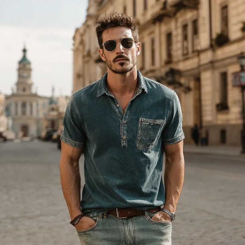 Men's Casual Outdoor Denim Washed Distressed Lapel Patch Pocket Slim Fit Short-sleeved Polo Shirt MTA2197F1M sold by Manly product image thumbnail 3