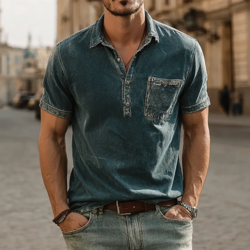 Men's Casual Outdoor Denim Washed Distressed Lapel Patch Pocket Slim Fit Short-sleeved Polo Shirt MTA2197F1M sold by Manly product image thumbnail 2