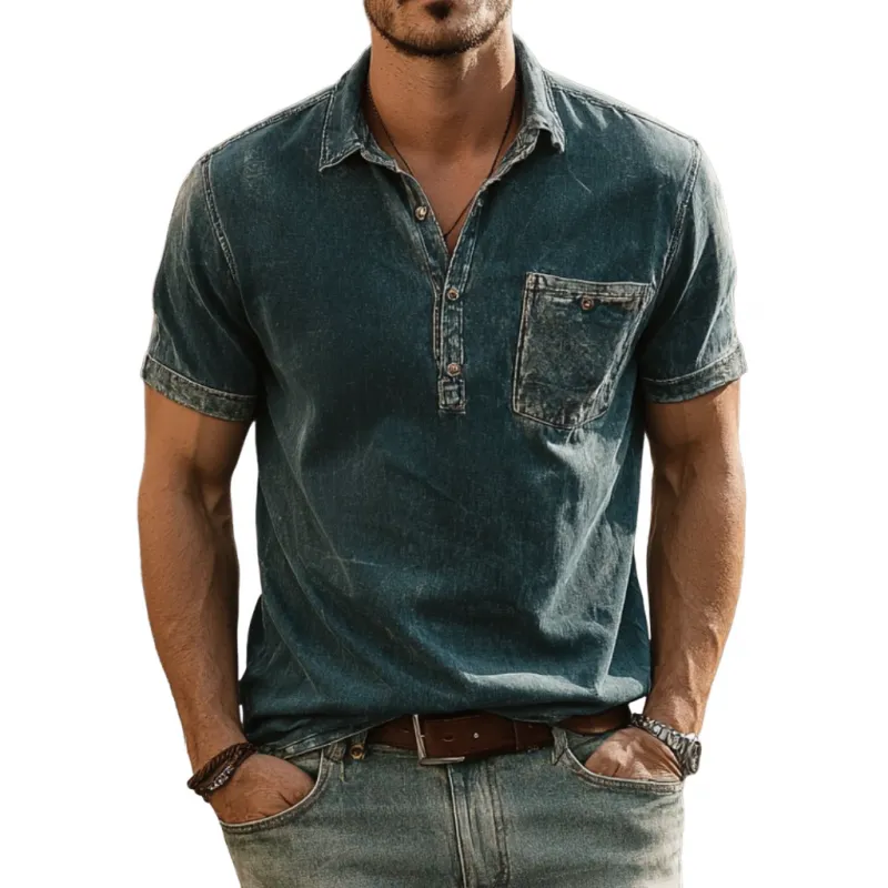 Men's Casual Outdoor Denim Washed Distressed Lapel Patch Pocket Slim Fit Short-sleeved Polo Shirt MTA2197F1M sold by Manly