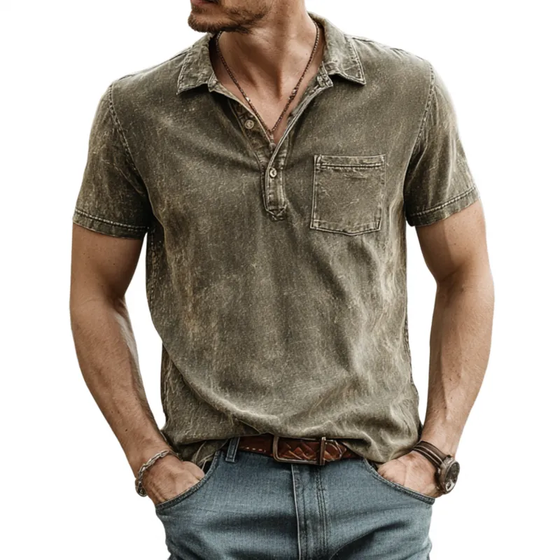 Men's Casual Outdoor Denim Washed Distressed Lapel Patch Pocket Slim Fit Short-sleeved Polo Shirt MTA2118F4M sold by Manly