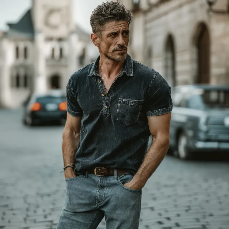 Men's Casual Outdoor Denim Washed Distressed Lapel Patch Pocket Slim Fit Short-sleeved Polo Shirt MTA2153F7M sold by Manly product image thumbnail 3