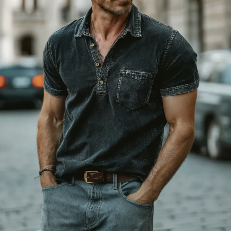 Men's Casual Outdoor Denim Washed Distressed Lapel Patch Pocket Slim Fit Short-sleeved Polo Shirt MTA2153F7M sold by Manly product image thumbnail 2