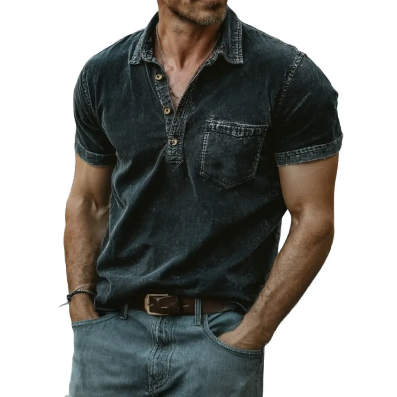 Men's Casual Outdoor Denim Washed Distressed Lapel Patch Pocket Slim Fit Short-sleeved Polo Shirt MTA2153F7M sold by Manly