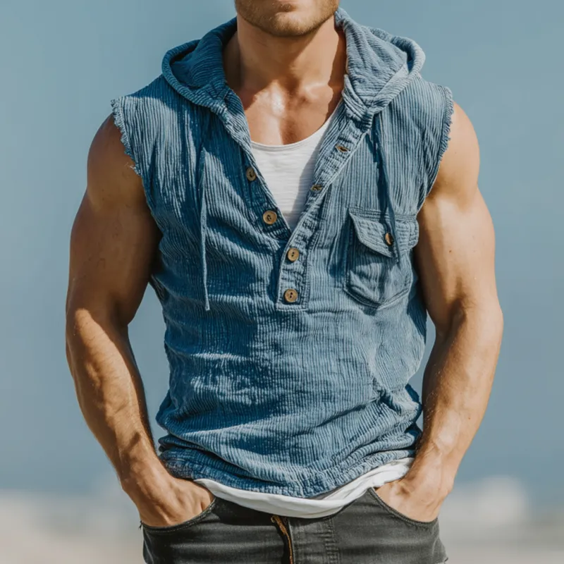 Men's Fashion Cotton Striped Washed Distressed Henley Collar Chest Pocket Slim Fit Hooded Tank Top MTA2067F1M sold by Manly product image thumbnail 2