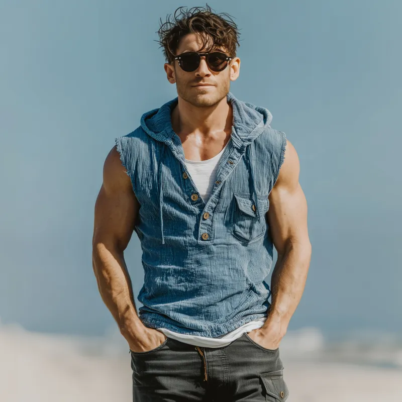 Men's Fashion Cotton Striped Washed Distressed Henley Collar Chest Pocket Slim Fit Hooded Tank Top MTA2067F1M sold by Manly product image thumbnail 3