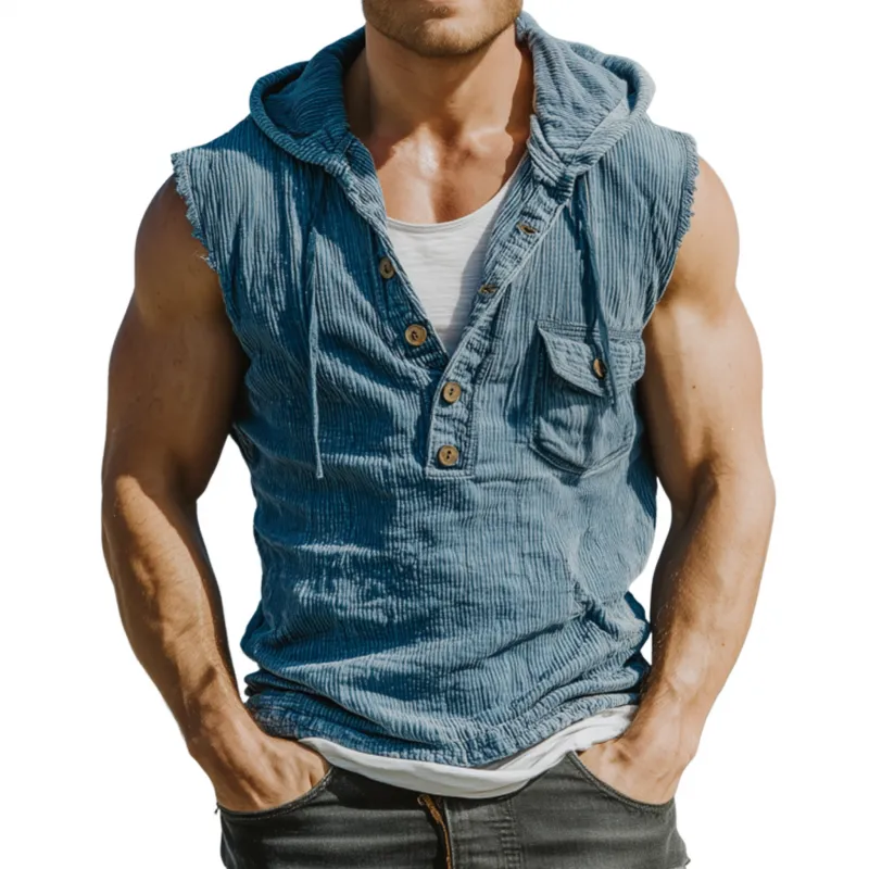 Men's Fashion Cotton Striped Washed Distressed Henley Collar Chest Pocket Slim Fit Hooded Tank Top MTA2067F1M sold by Manly