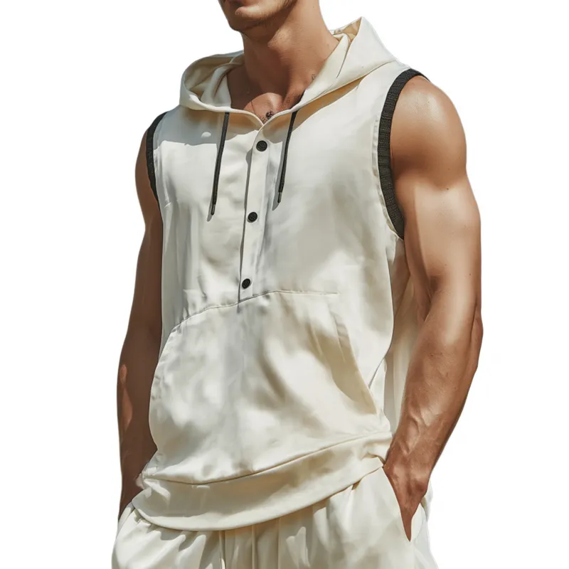 Men's Fashion Contrast Color Satin Henley Collar Hooded Kangaroo Pocket Loose Tank Top MTA2088F1M sold by Manly