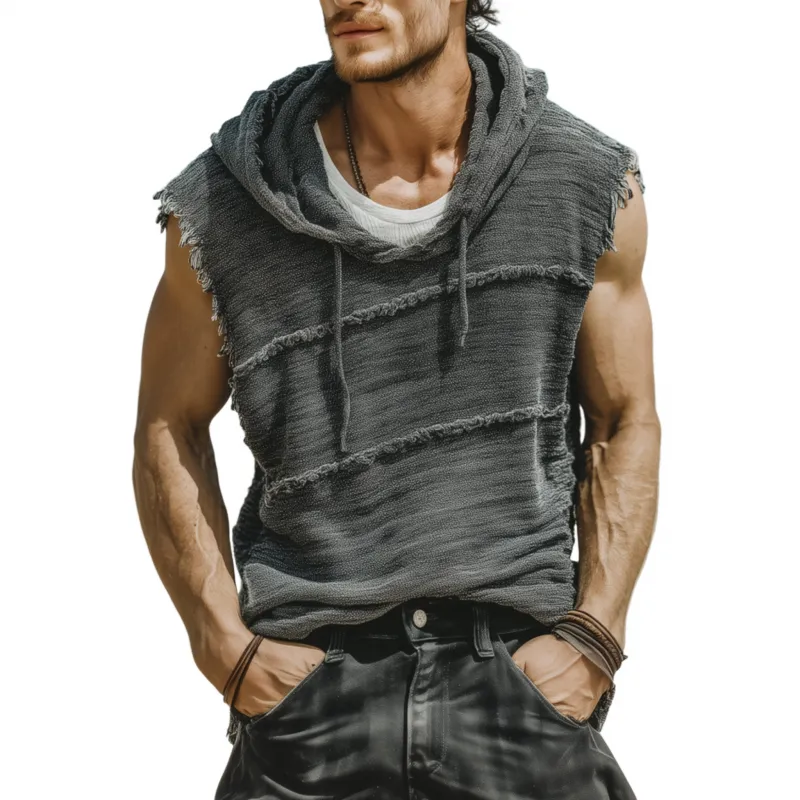 Men's Casual Cotton Blended Raw Edge Stitching Loose Hooded Tank Top MTA2058F7M sold by Manly