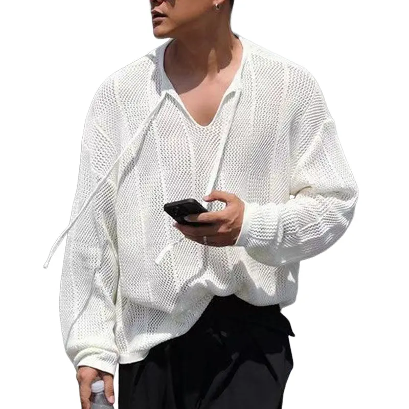 Men's Classic Solid Color Knitted Mesh Loose Long-Sleeved T-Shirt MTA2070F5U sold by Manly