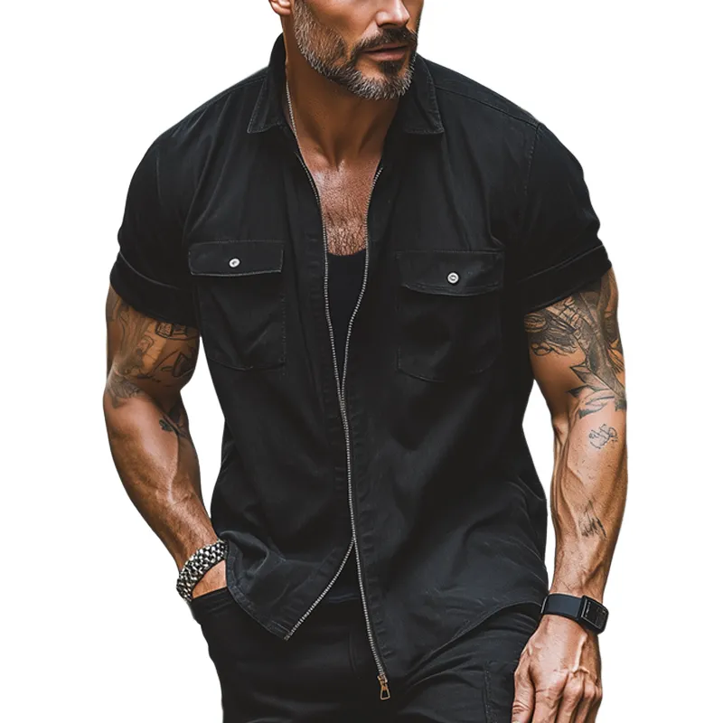 Men's Summer Classic Lapel Zipper Denim Short Sleeve Shirt MTA2093F4U sold by Manly