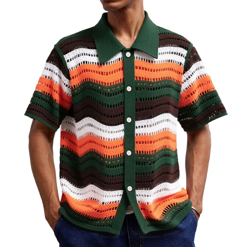 Men's Striped Knit Jacquard Short Sleeve Lapel Shirt MTA2181F3X sold by Manly
