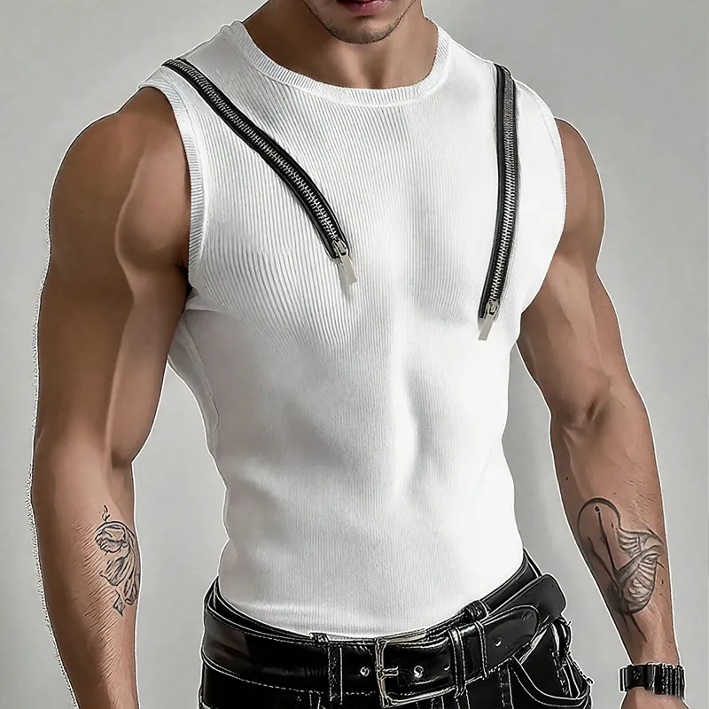 Men's Zip Decor Solid Striped Round Neck Sleeveless Tank Top MTA2178F7Z sold by Manly product image thumbnail 2