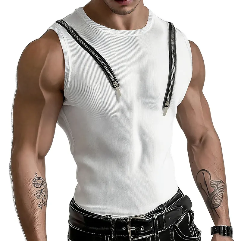 Men's Zip Decor Solid Striped Round Neck Sleeveless Tank Top MTA2178F7Z sold by Manly