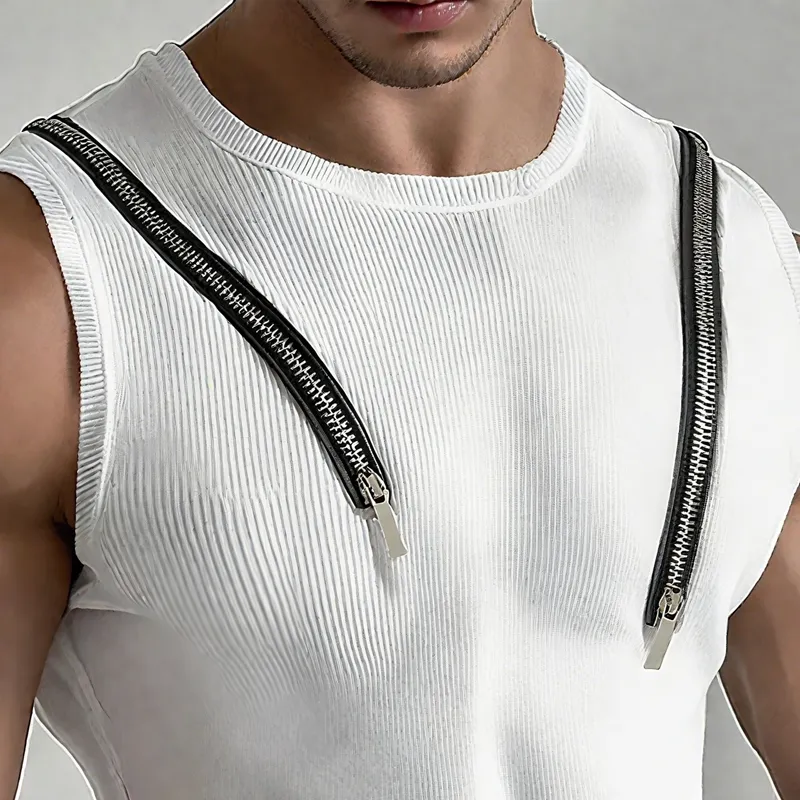 Men's Zip Decor Solid Striped Round Neck Sleeveless Tank Top MTA2178F7Z sold by Manly product image thumbnail 3