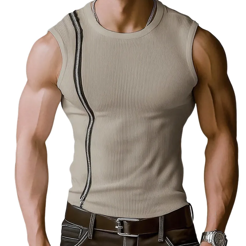 Men's Zip Decor Solid Striped Round Neck Sleeveless Tank Top MTA2155F9Z sold by Manly
