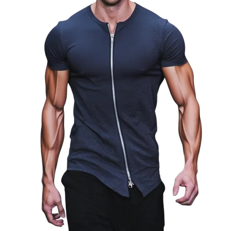 Men's Zip Decor Solid Round Neck Short Sleeve T-shirt MTA2128F1Z sold by Manly