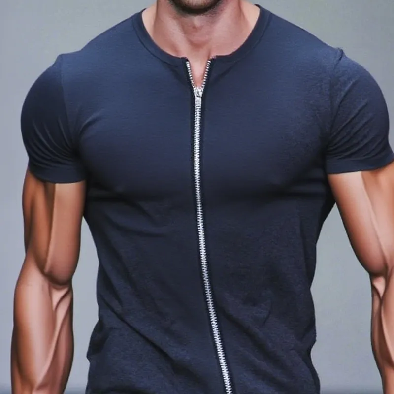 Men's Zip Decor Solid Round Neck Short Sleeve T-shirt MTA2128F1Z sold by Manly product image thumbnail 3