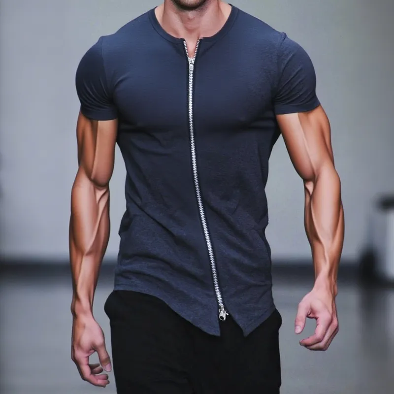 Men's Zip Decor Solid Round Neck Short Sleeve T-shirt MTA2128F1Z sold by Manly product image thumbnail 2